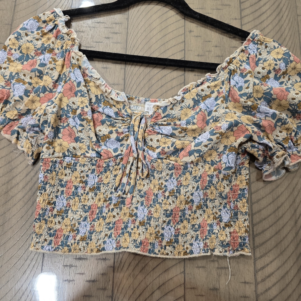 Floral Smocked Crop Top with Puff Sleeves